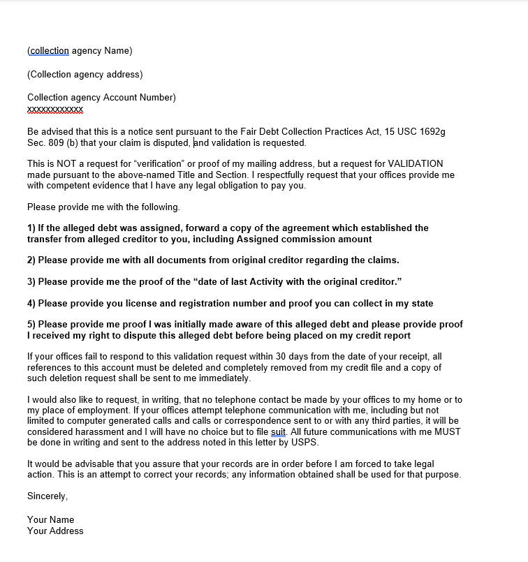 Debt Validation sample letter